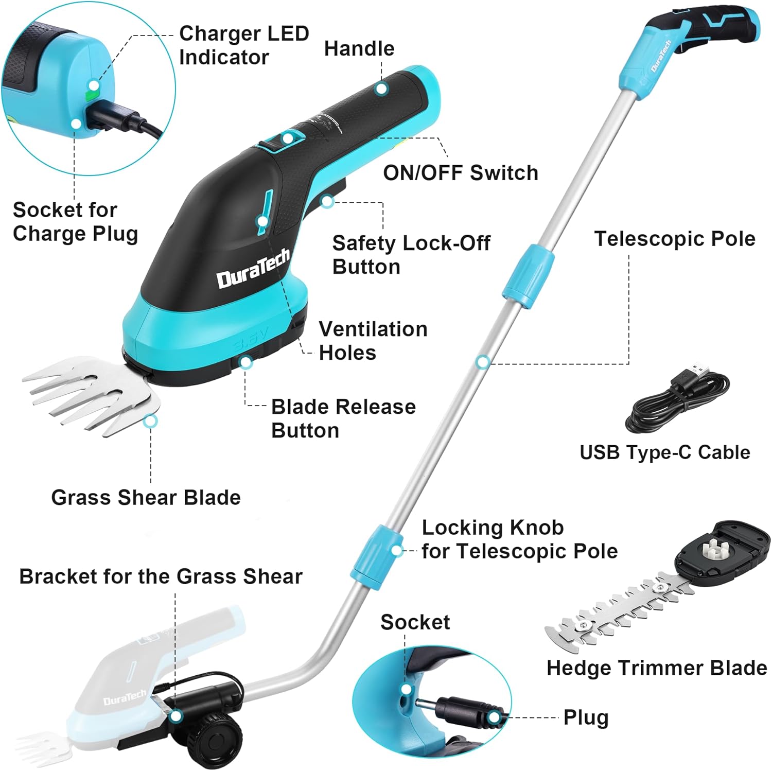 Thumbnail 1 de DURATECH Cordless 3-in-1 Hedge Trimmer: 3.6V, 50-Inch Pole, USB-C Rechargeable
