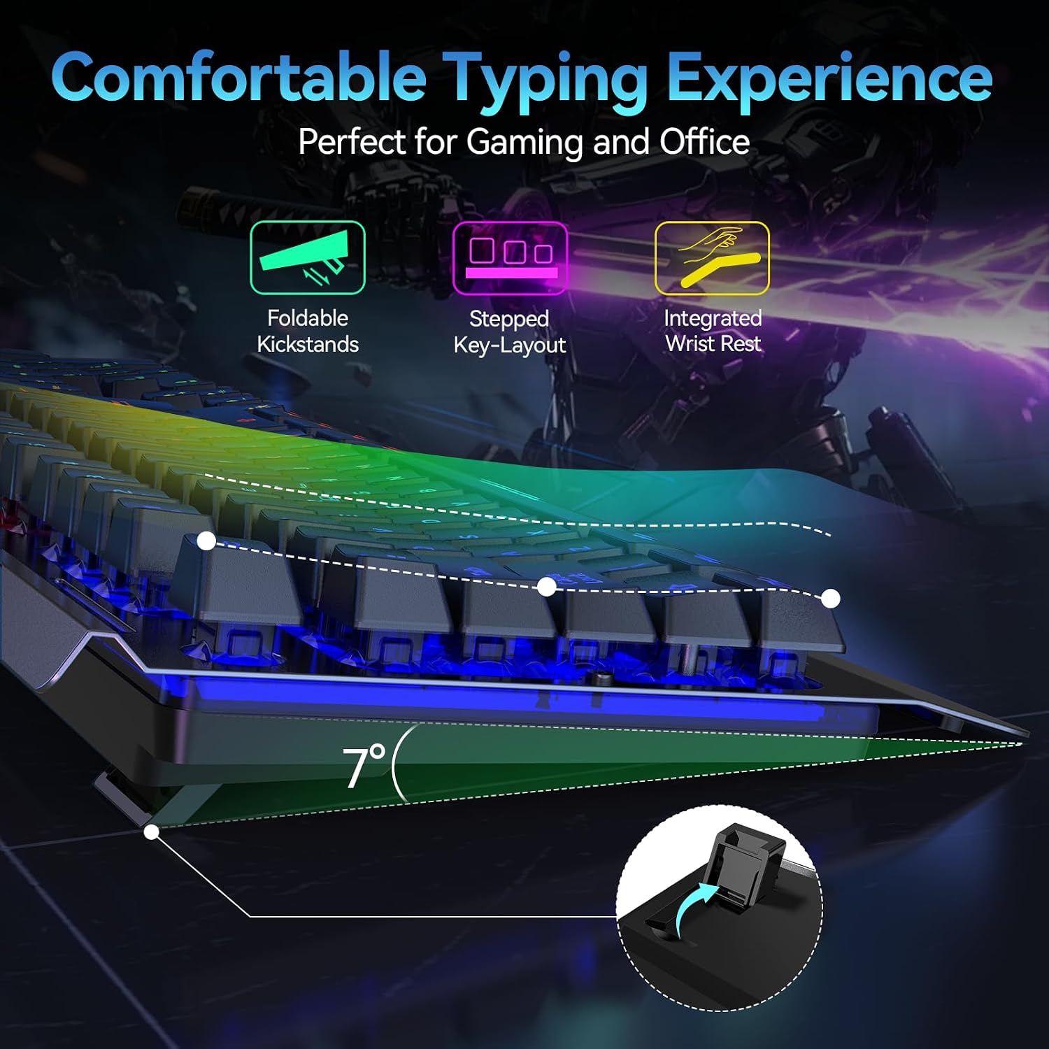 Detalle de TECKNET Wireless Gaming Keyboard with 2.4G + Wired Connectivity, 15-Zone RGB, 4000mAh Battery
