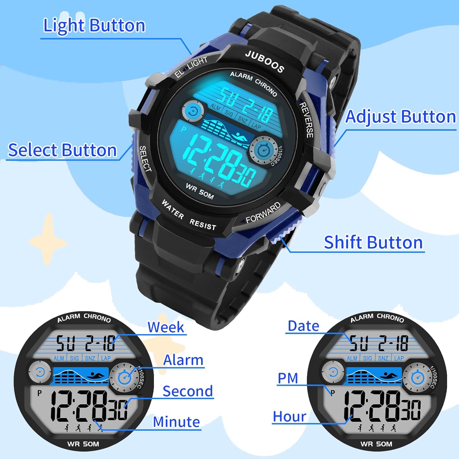 Thumbnail 4 de Juboos Kinder Digitaluhr Jungen Mädchen – 7 Farben LED, 30m wasserdicht, Alarm & Stoppuhr