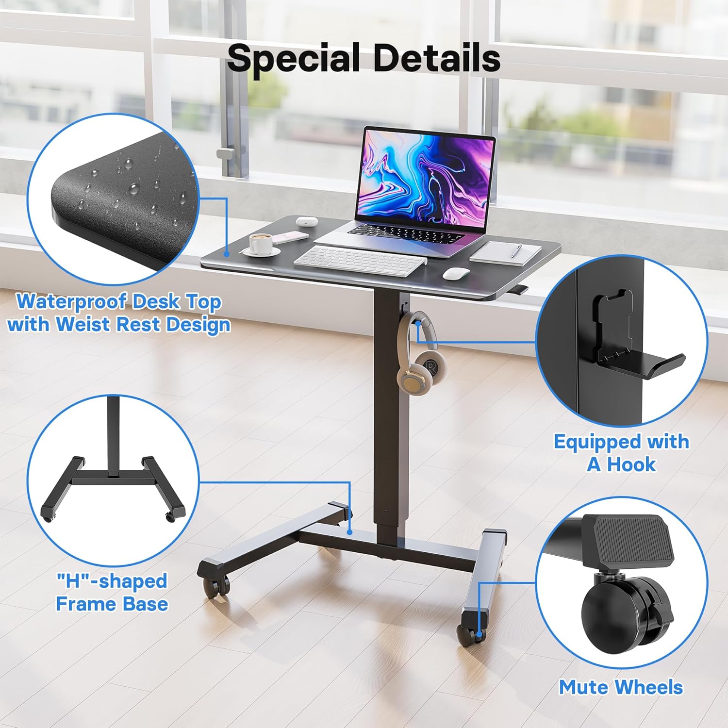 Detalle de BONTEC Scrivania per Computer da Ufficio con Altezza Regolabile 72–112 cm, Tavolo Porta PC con Ruote e Vassoio Retrattile