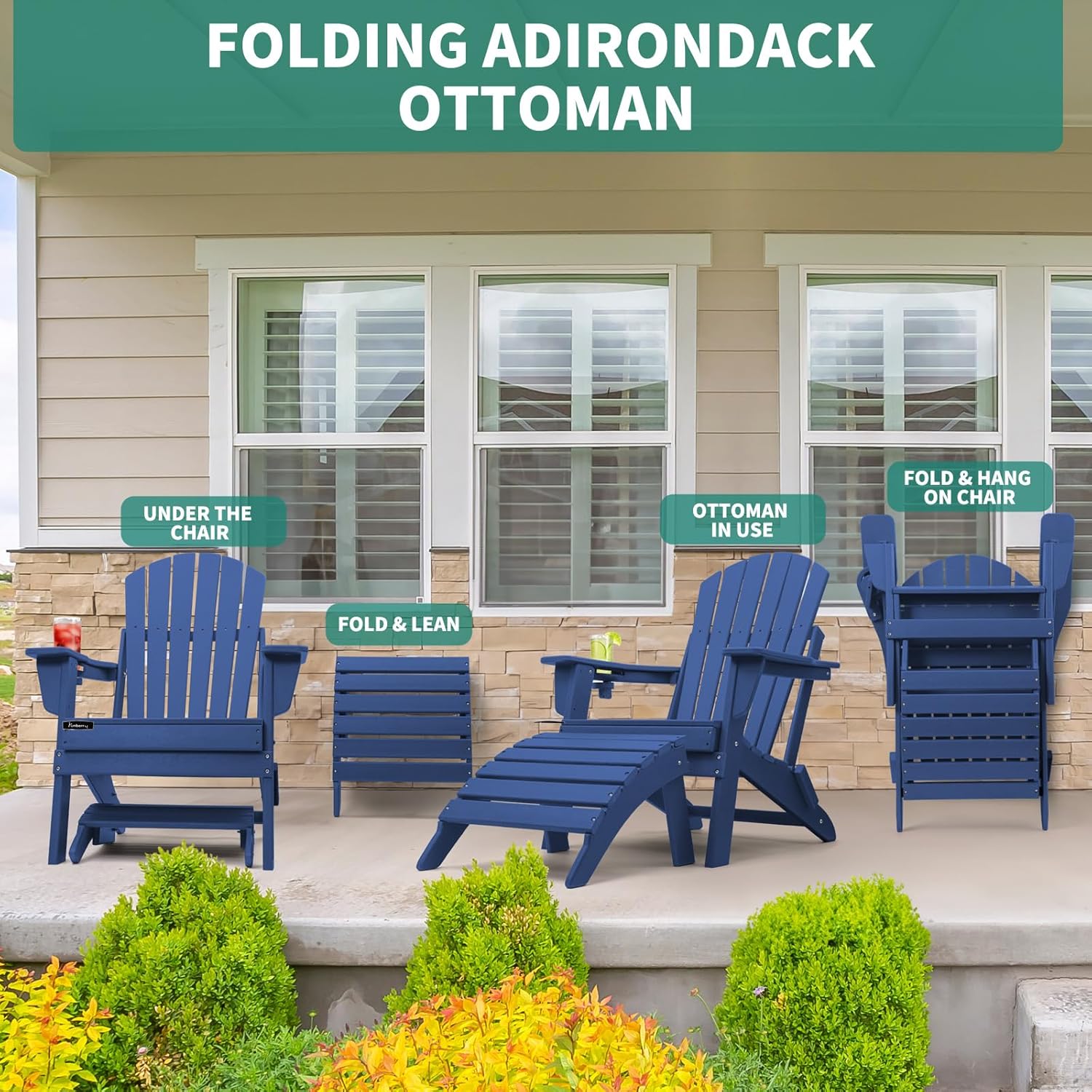 Thumbnail 6 de FUNBERRY Folding Adirondack Ottoman: HDPE All-Weather Outdoor Foot Rest
