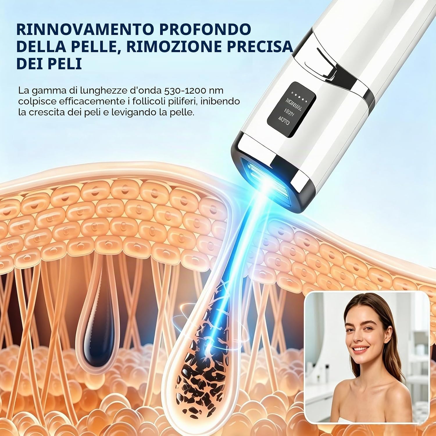 Detalle 2 de Epilatore Luce Pulsata IPL: dispositivo domestico per depilazione a casa, 999.999 impulsi, 530–1200 nm, 5–35°C, 2,2–5,3 J/cm², bianco