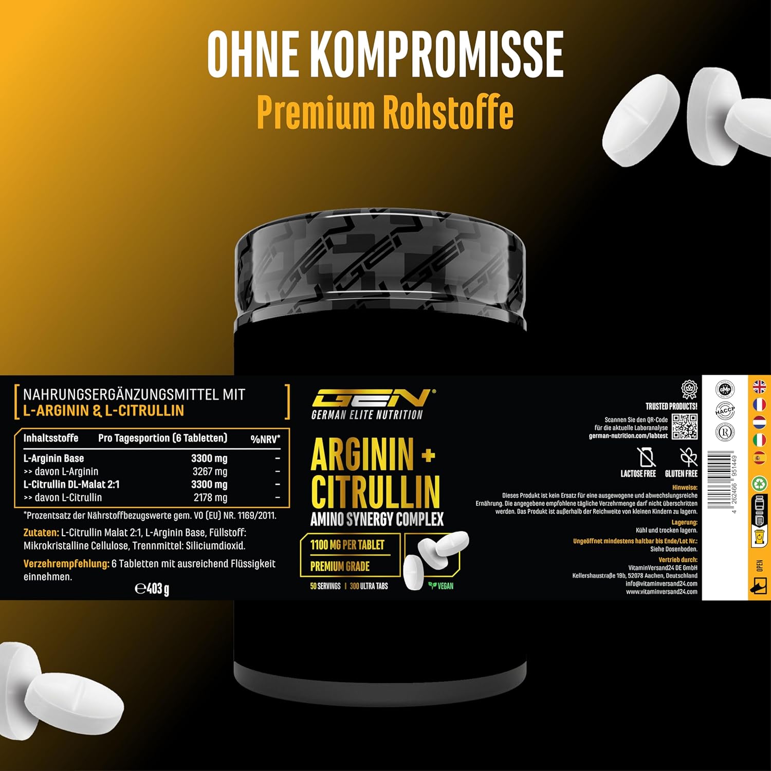 Thumbnail 4 de L-Arginin + L-Citrullin Ultra Tabs – Hochdosierte Vegane Kombi mit 300 Tabletten (1100 mg pro Tablette)