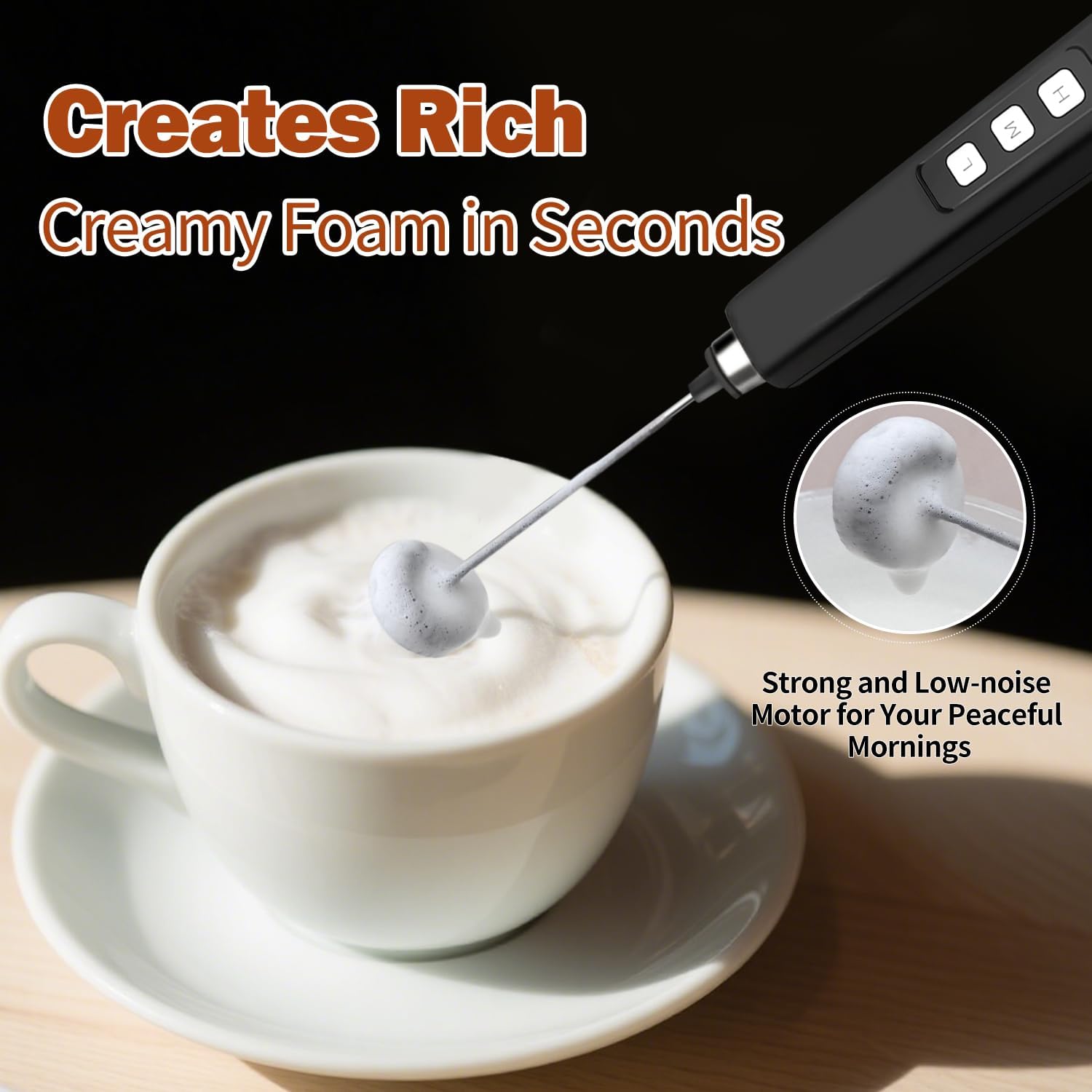 Detalle 2 de Rechargeable Milk Frother Handheld with 3 Detachable Stainless Whisks and Charging Base