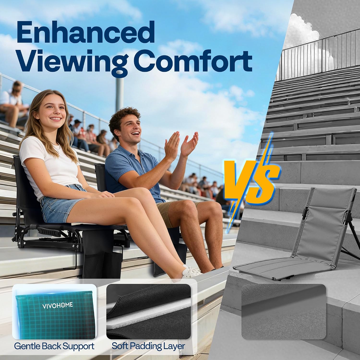 Detalle 2 de VIVOHOME VH1861-BK Folding Stadium Seats, 2-Pack with Back Support