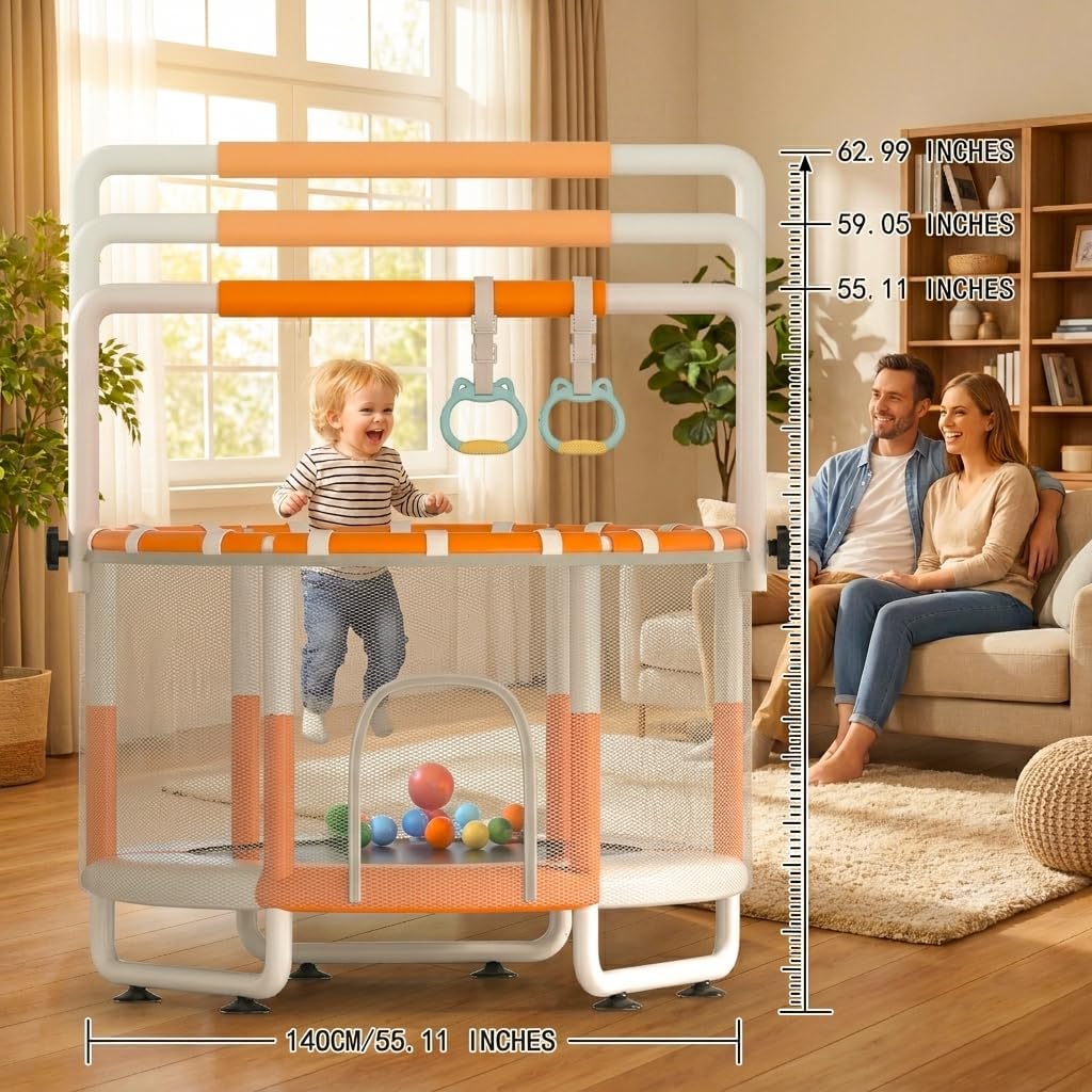 Detalle 2 de KINETRA 55" Kids Indoor Trampoline with Safety Net, Adjustable Gymnastics Bar & Toys (Ages 3+)