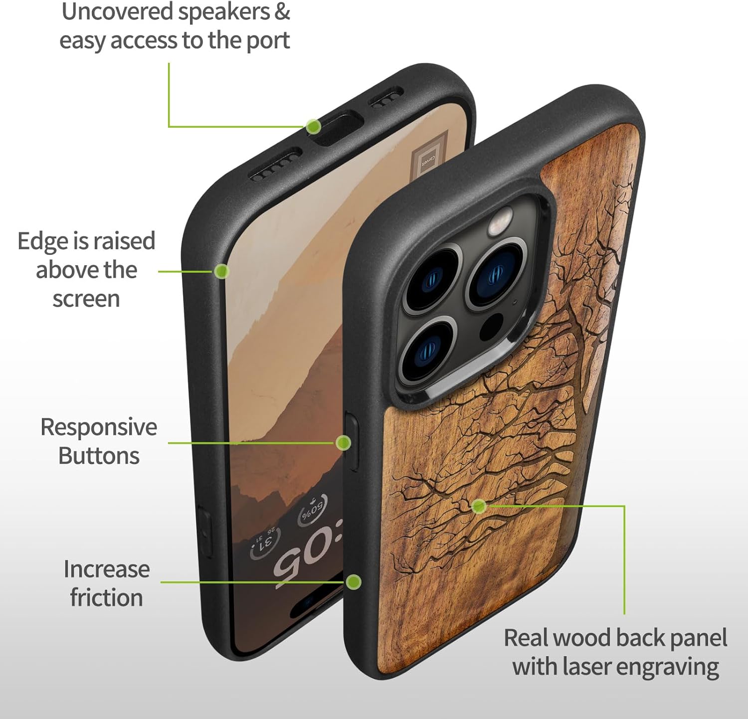 Thumbnail 6 de Carveit Magnetic Wood Case for iPhone 15 Pro — Walnut Solid Wood with Black Soft TPU, MagSafe Compatible