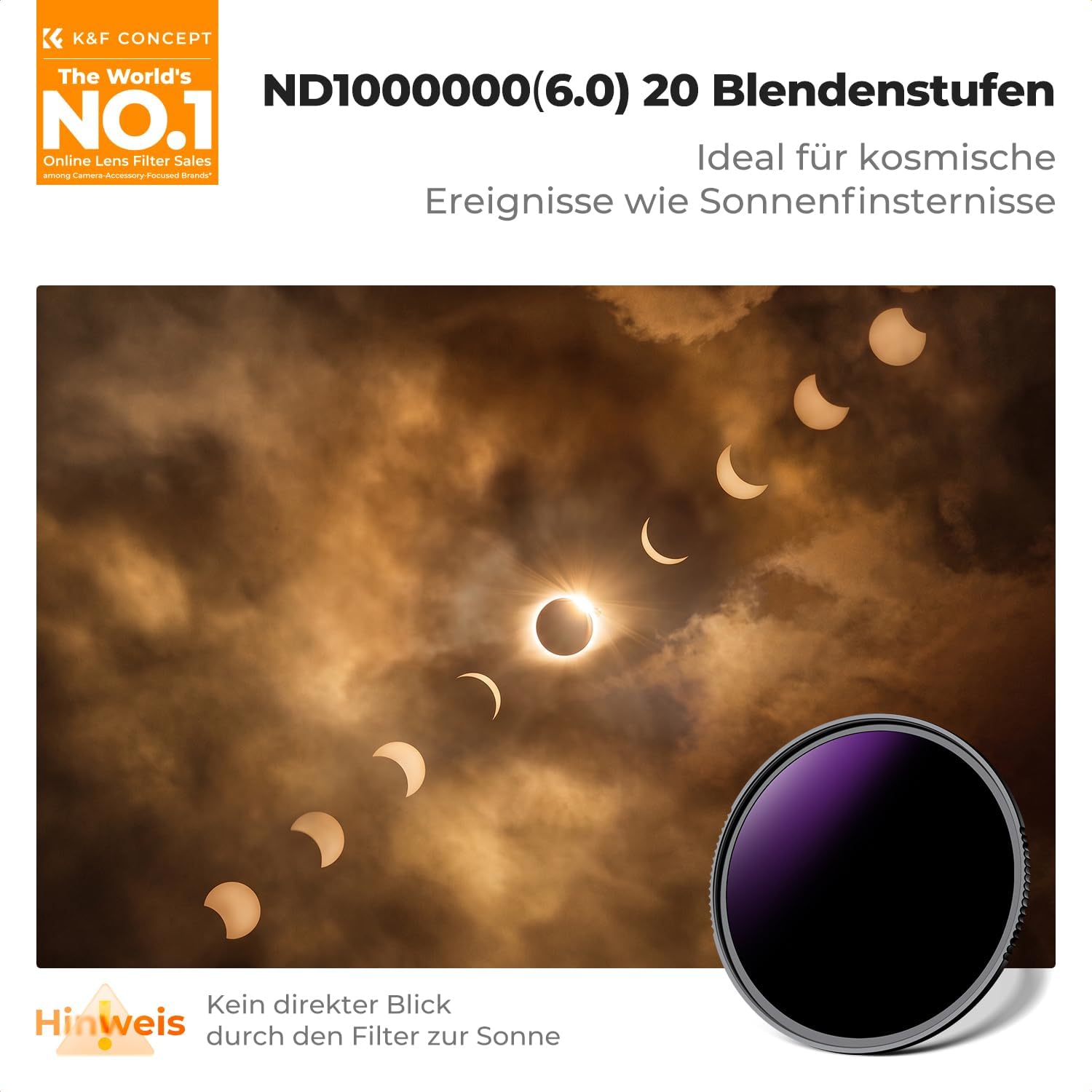 Thumbnail 1 de K&F Concept 72mm ND1000000 Sonnenfinsternisfilter – 20 Blendenstufen mit Nano-Xcel