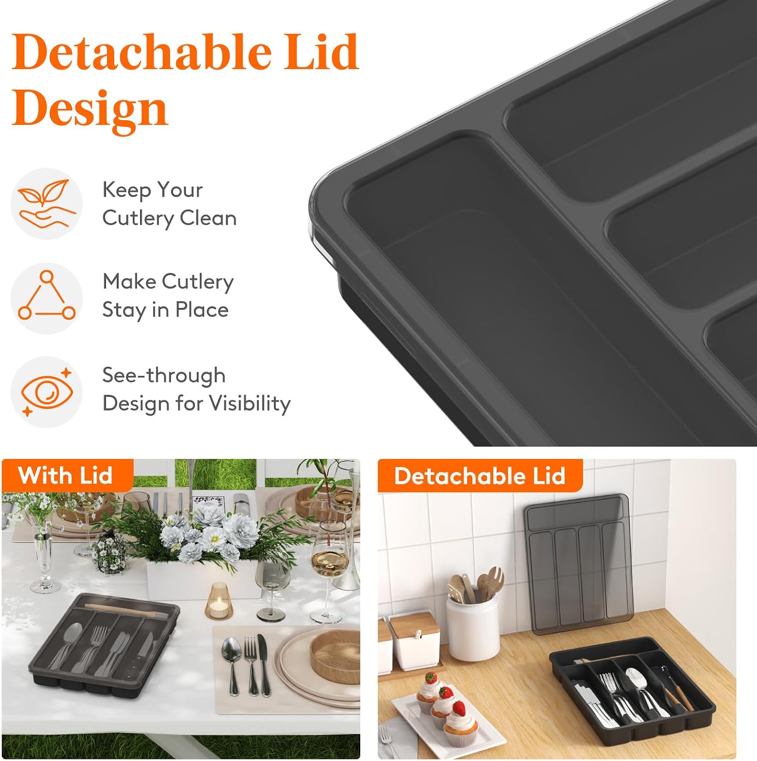 Detalle 2 de Lifewit 24099 Cutlery Tray with Lid, 5 Compartments, Black
