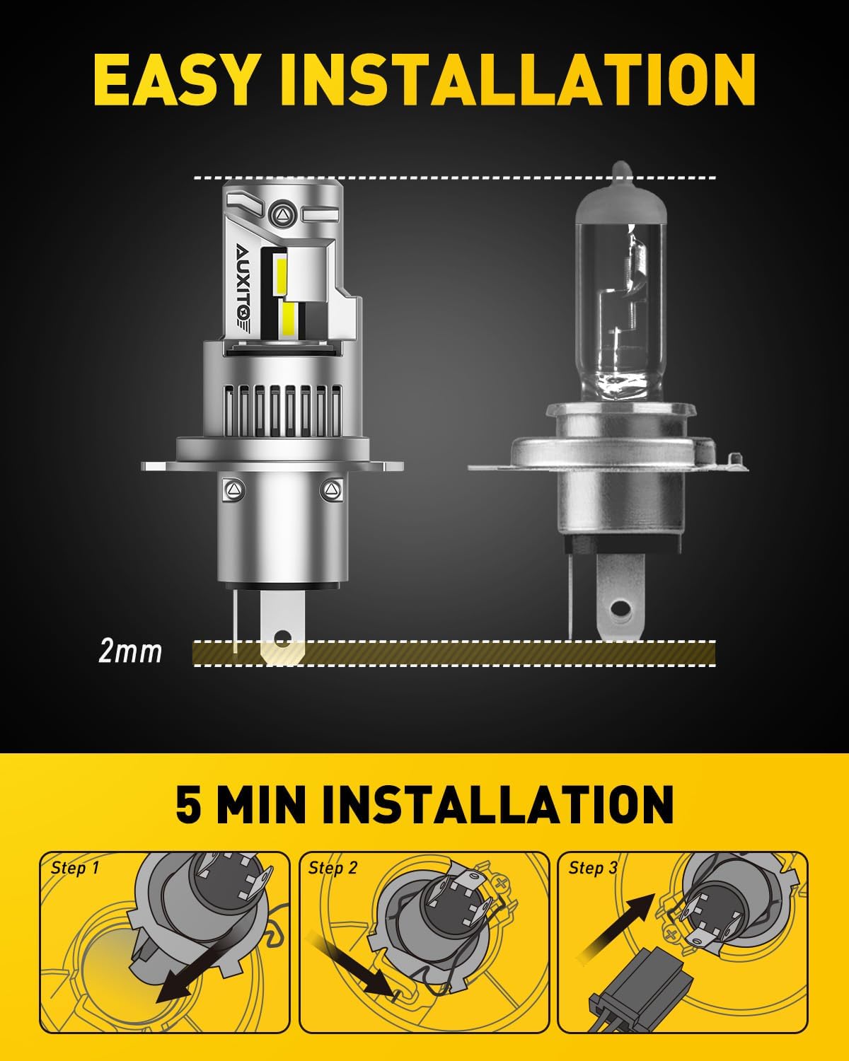 Detalle de AUXITO H4/9003 Bulbs – 80,000LM, 6500K Cool White, 1:1 Mini Size, Plug-N-Play (Pack of 2)