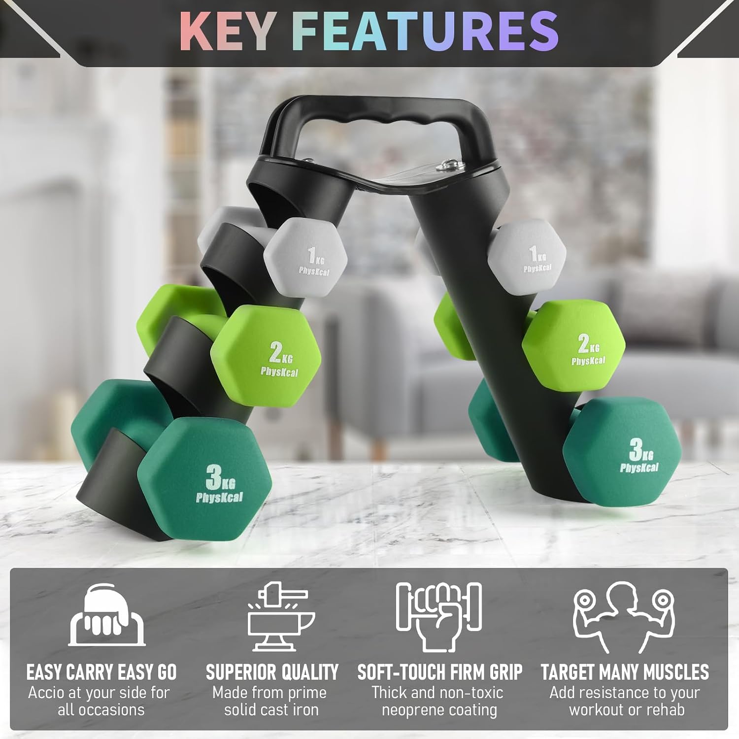 Detalle 2 de PhysKcal Dumbbells Set 1–3kg with Rack