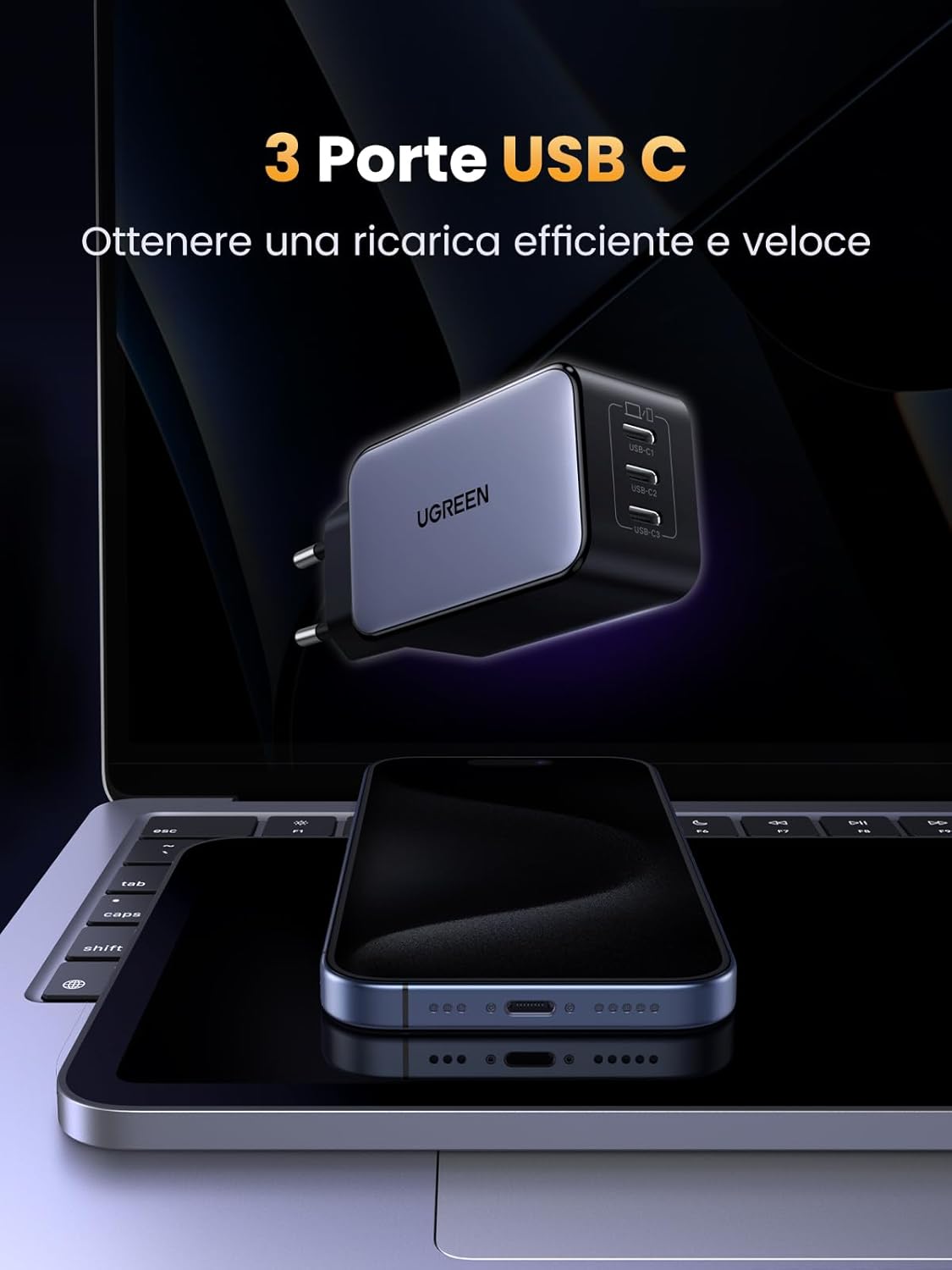 Detalle 2 de UGREEN Nexode 65W caricatore USB-C 3 porte