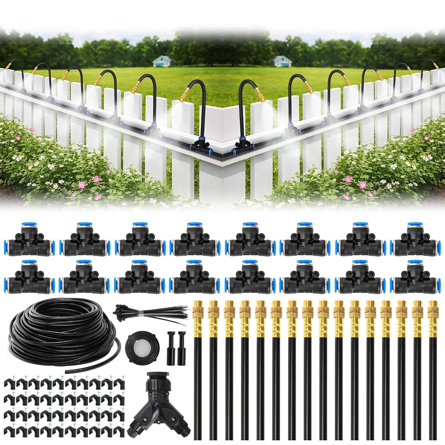 Detalle de Bluepro BP-DRIP-004 Drip Irrigation Kit, 100FT Tubing, 16 Adjustable 360° Nozzles