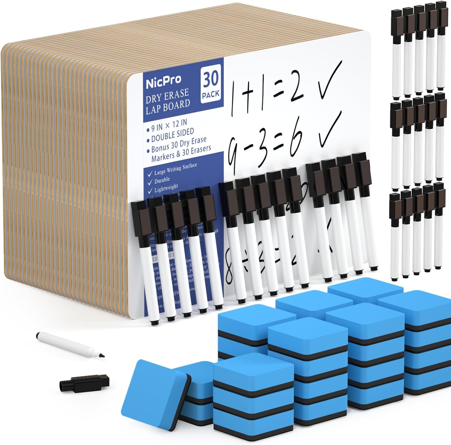 Detalle de Nicpro 30 Pack Dry Erase Mini Whiteboard A4 (22 x 30 cm) – Double Sided Lapboards with Pens & Erasers