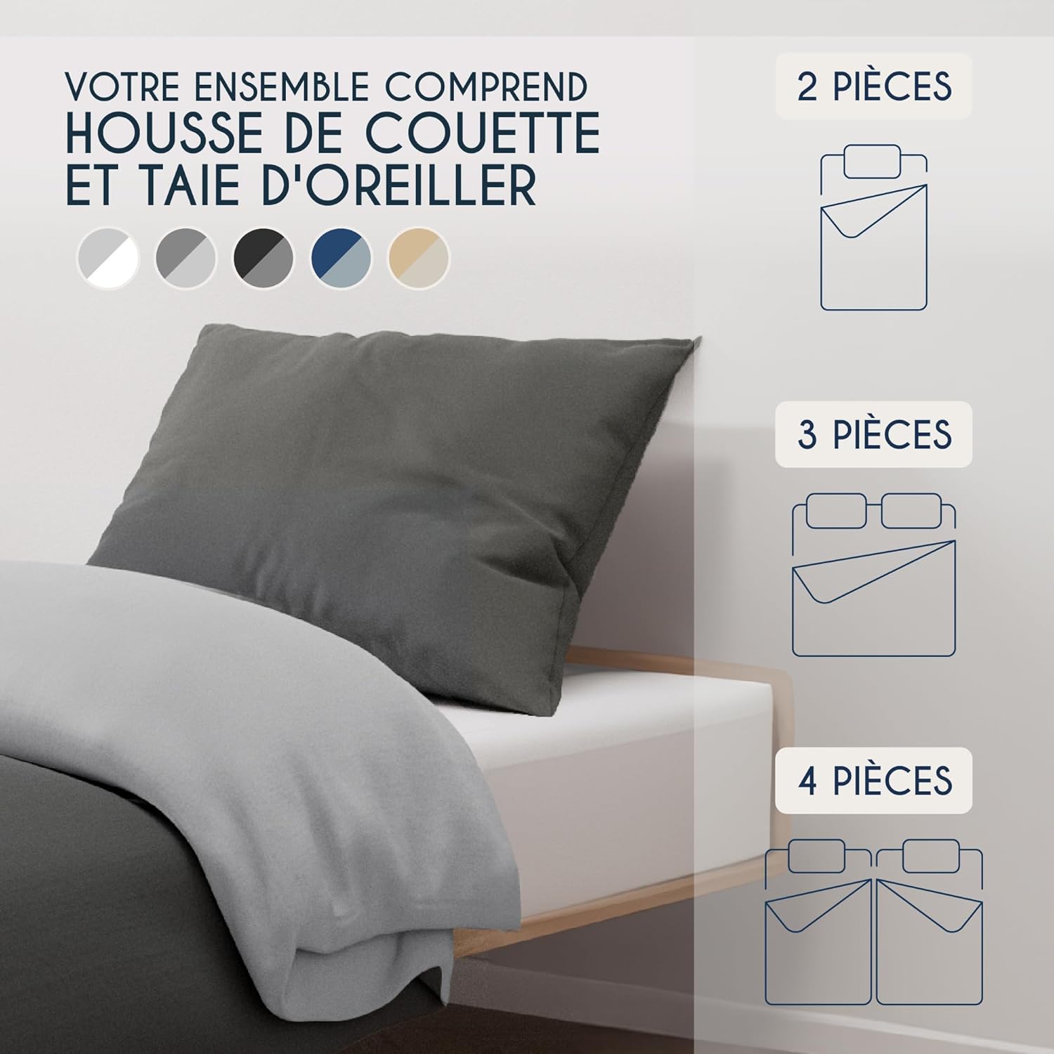 Thumbnail 5 de Dreamzie Parure de couette 140x200 cm en microfibre gris (1 taie 65x65 cm) certifiée Oeko-Tex