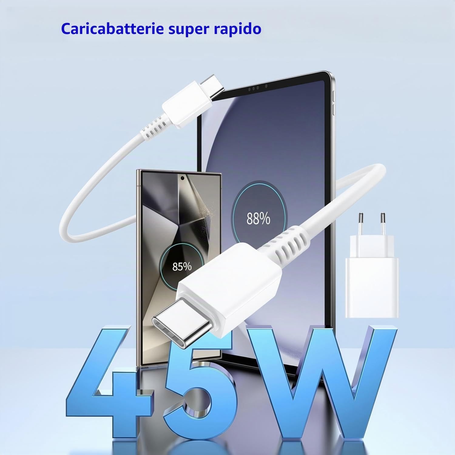 Detalle de Caricatore USB-C 45W da 2 pezzi con cavo da 3 m + compatibilità Samsung Galaxy (S26–Note20) – spina europea bianco