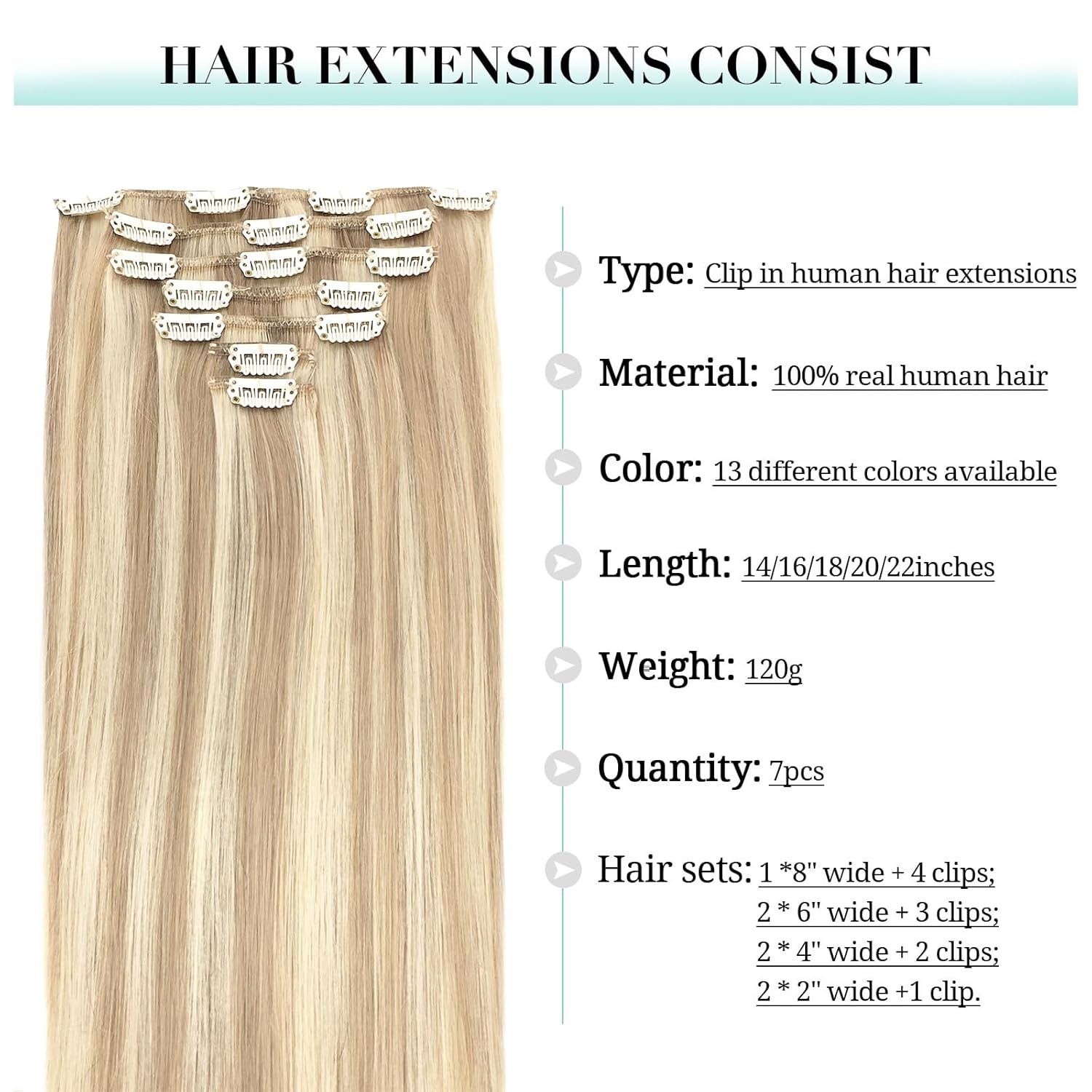 Thumbnail 2 de DOORES Clip-in Human Hair Extensions Balayage Dark Blonde to Bleached Blonde, 120g, 7 Pieces, 18-Inch Straight Thick Hair