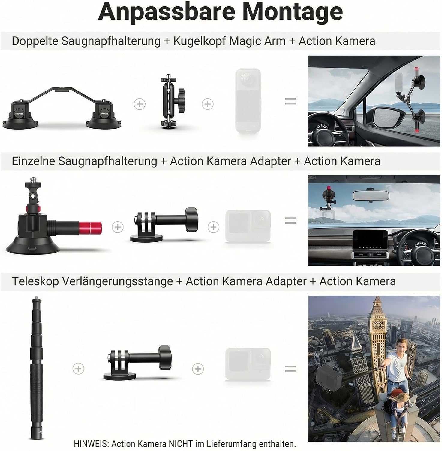 Detalle de NEEWER Dreifach Saugnapf Autohalterung CA065 für Insta360 X5/X4 & GoPro – mit 2-in-1 Teleskopstange