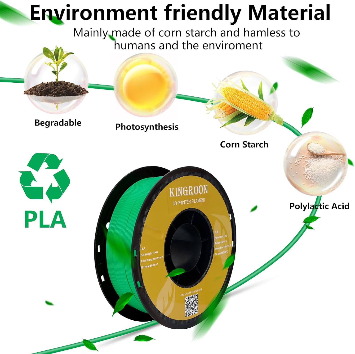 Thumbnail 1 de Kingroon PLA Filament 1.75mm (Green) – 1kg, Neatly Spooled, High Dimensional Accuracy