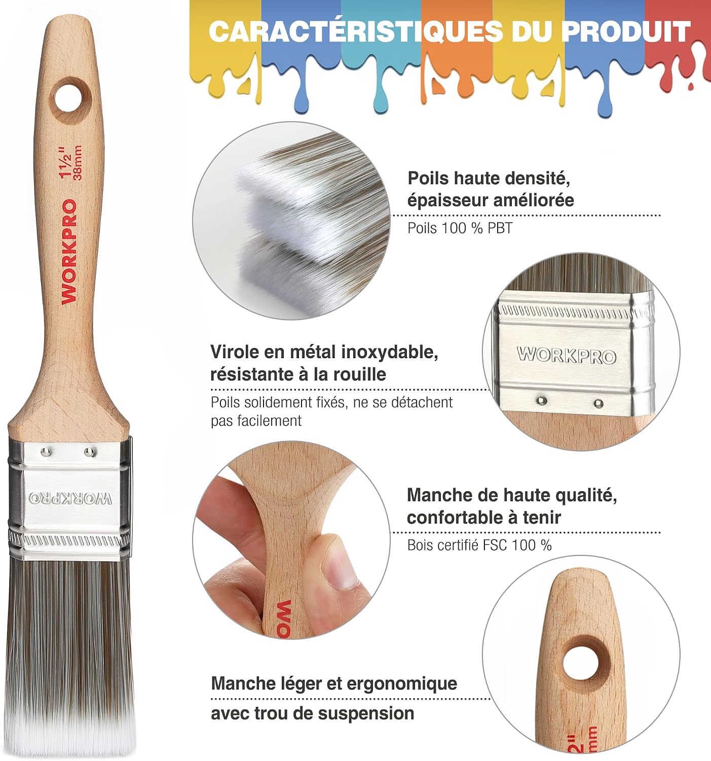 Thumbnail 4 de WORKPRO pinceaux à peinture professionnelles 4 pcs