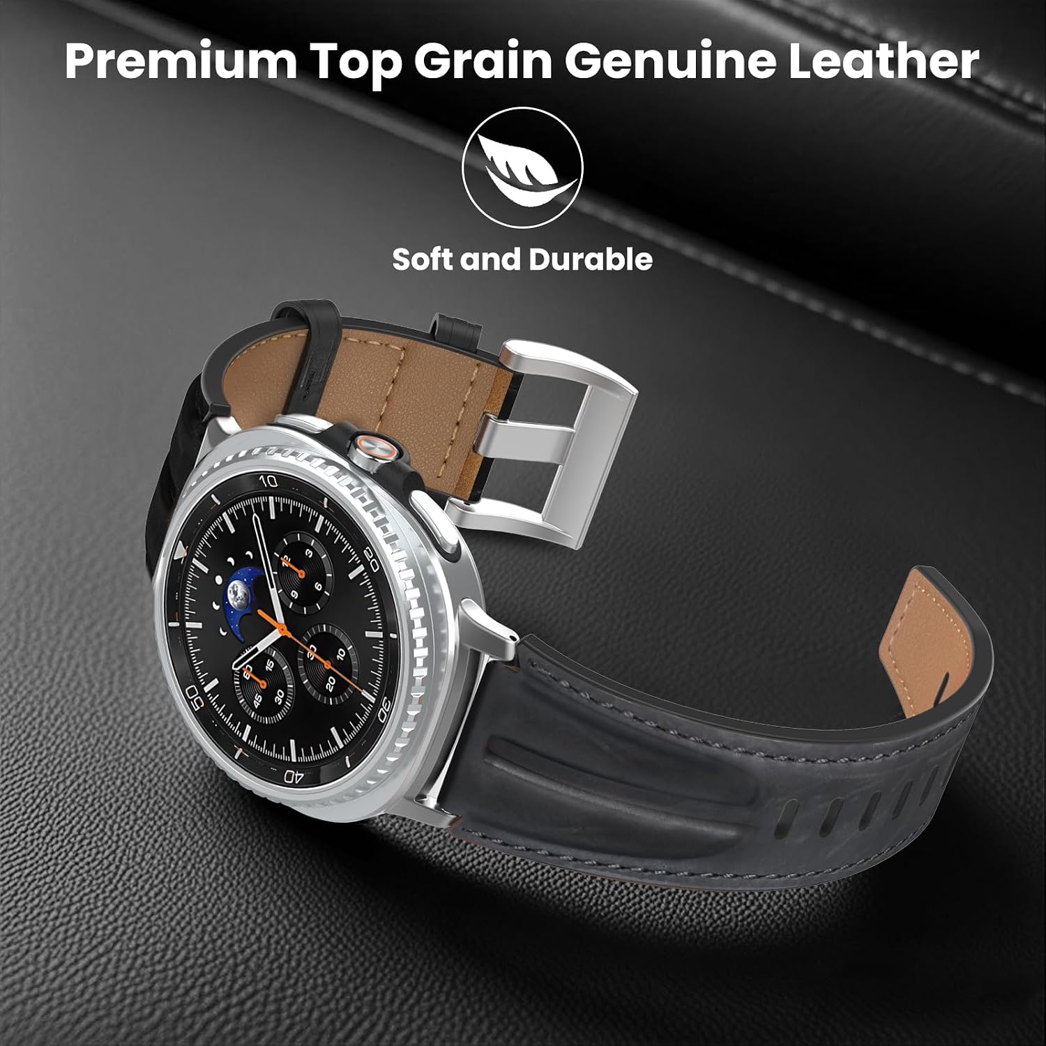Detalle de Bouixel Top Grain Leather Strap for Samsung Galaxy Watch 8 (40mm/44mm) & Classic 46mm — Rugged, Retro Feel