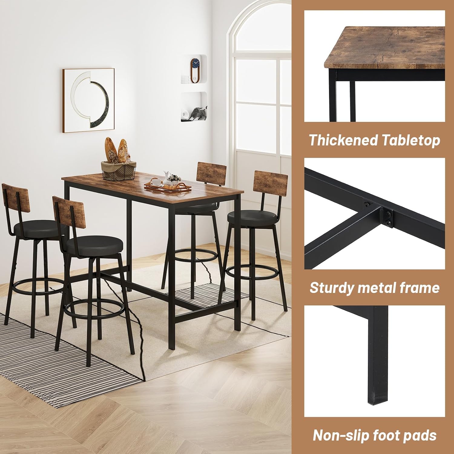 Detalle de Zevemomo DT-01 Dining Table Set for 4 with Brown Top and PU Stools