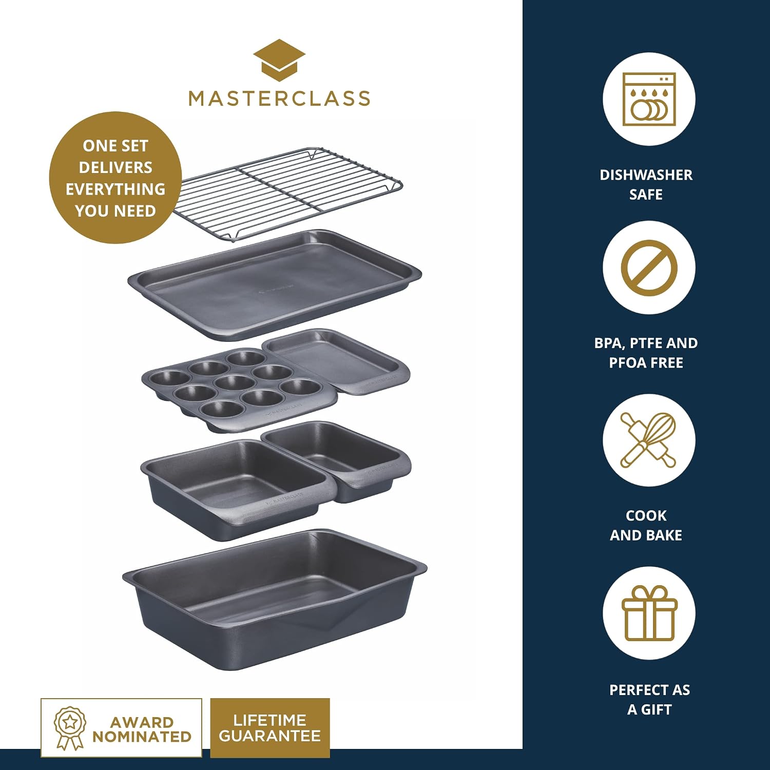 Detalle 2 de MasterClass Smart Space 7-delars bakset i kolstål, stapelbart med non-stick