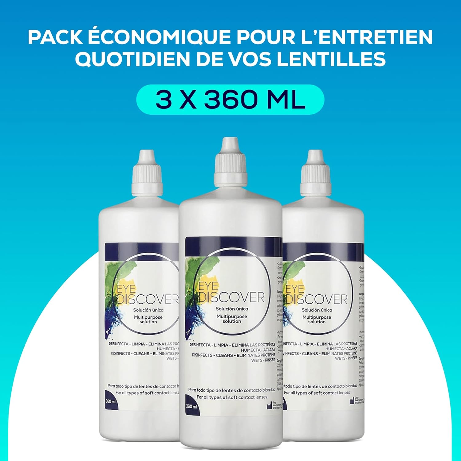 Detalle de EYE DISCOVER Solution tout-en-un pour lentilles souples (désinfection, nettoyage et rinçage) – pack 3 x 360 ml + 2 étuis