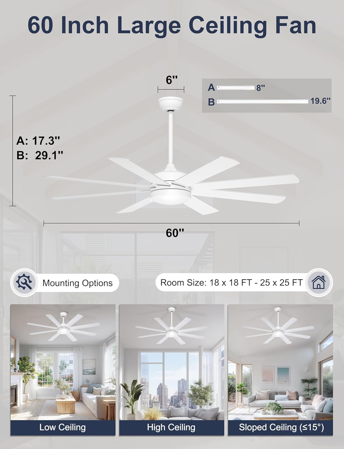 Detalle 2 de Ohniyou Ventilatore da Soffitto 152 cm con Luce: silenzioso, reversibile e controllabile via telecomando/app