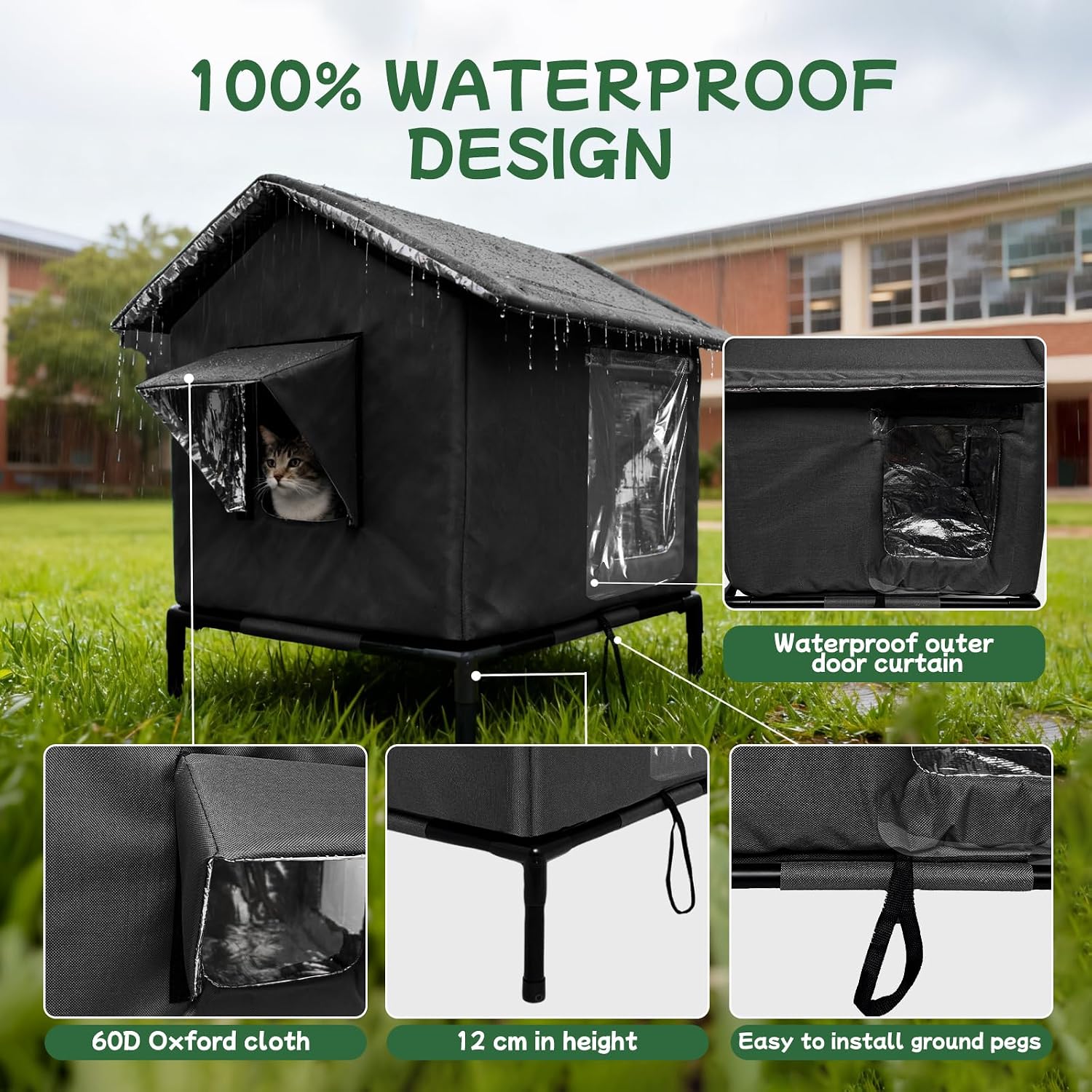 Detalle de Outdoor Cat House Weatherproof with Aluminium Film Insulation (Large, Black)