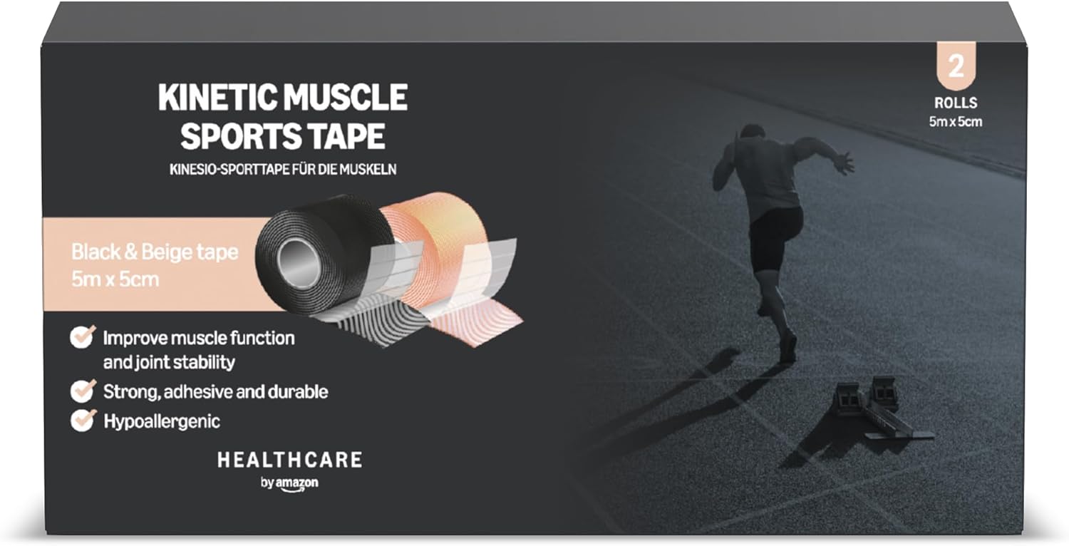 Detalle de Healthcare by amazon Kinetic Muscle Sports Tape 5 m x 5 cm – 2 Tapes (1 Black, 1 Beige)