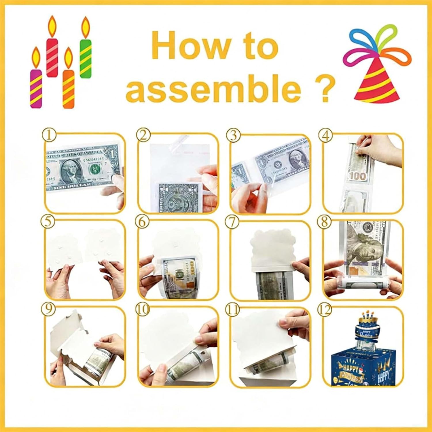 Detalle de Surprise Birthday Money Box Cash Gift Pull (Black) – 50 Transparent Pouches