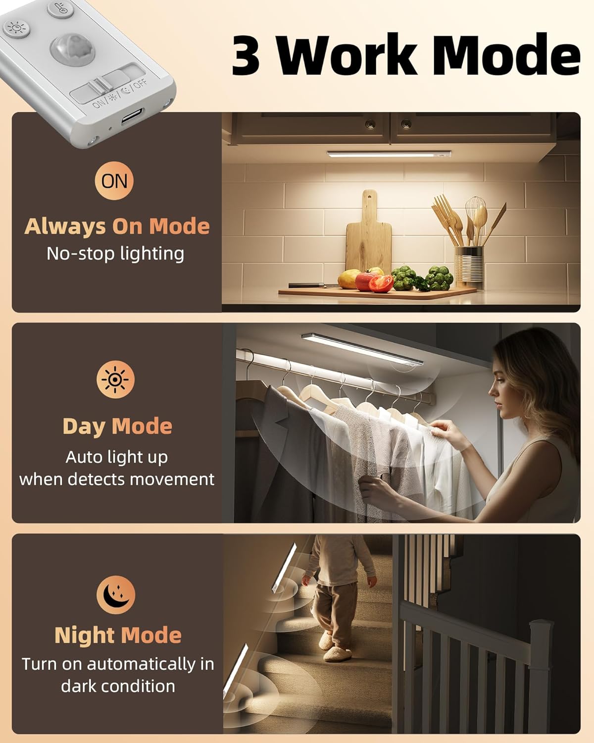 Thumbnail 5 de EZVALO Under Cabinet Kitchen Lights (2 Pack) – 3-Colour Dimmable Motion Sensor LED Strips, Rechargeable 3200mAh