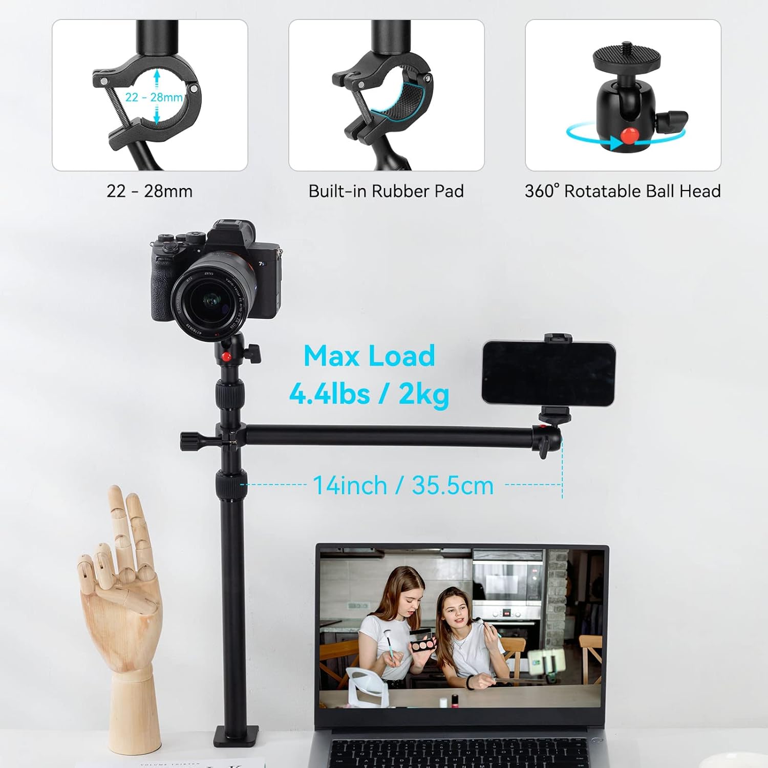 Detalle de SMALLRIG Support de table 3992 avec rotule 1/4" et bras magique pour éclairage et prises de vue