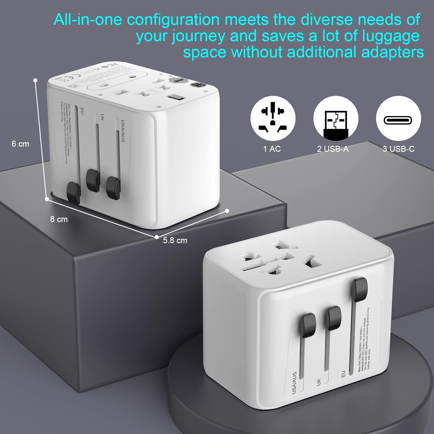 Thumbnail 6 de Diswoe Universal Travel Adapter: All-in-One World Plug with 2 USB A and 3 USB C Ports