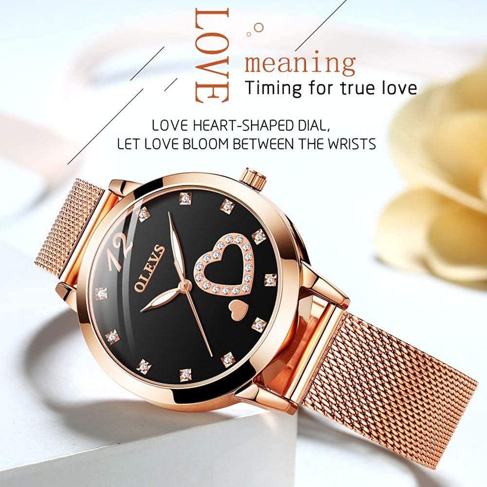 Thumbnail 2 de OLEVS Damenuhr Roségold mit Herz-Diamant Zifferblatt, Quarzwerk & 30 m wasserdichtes Armband-Set