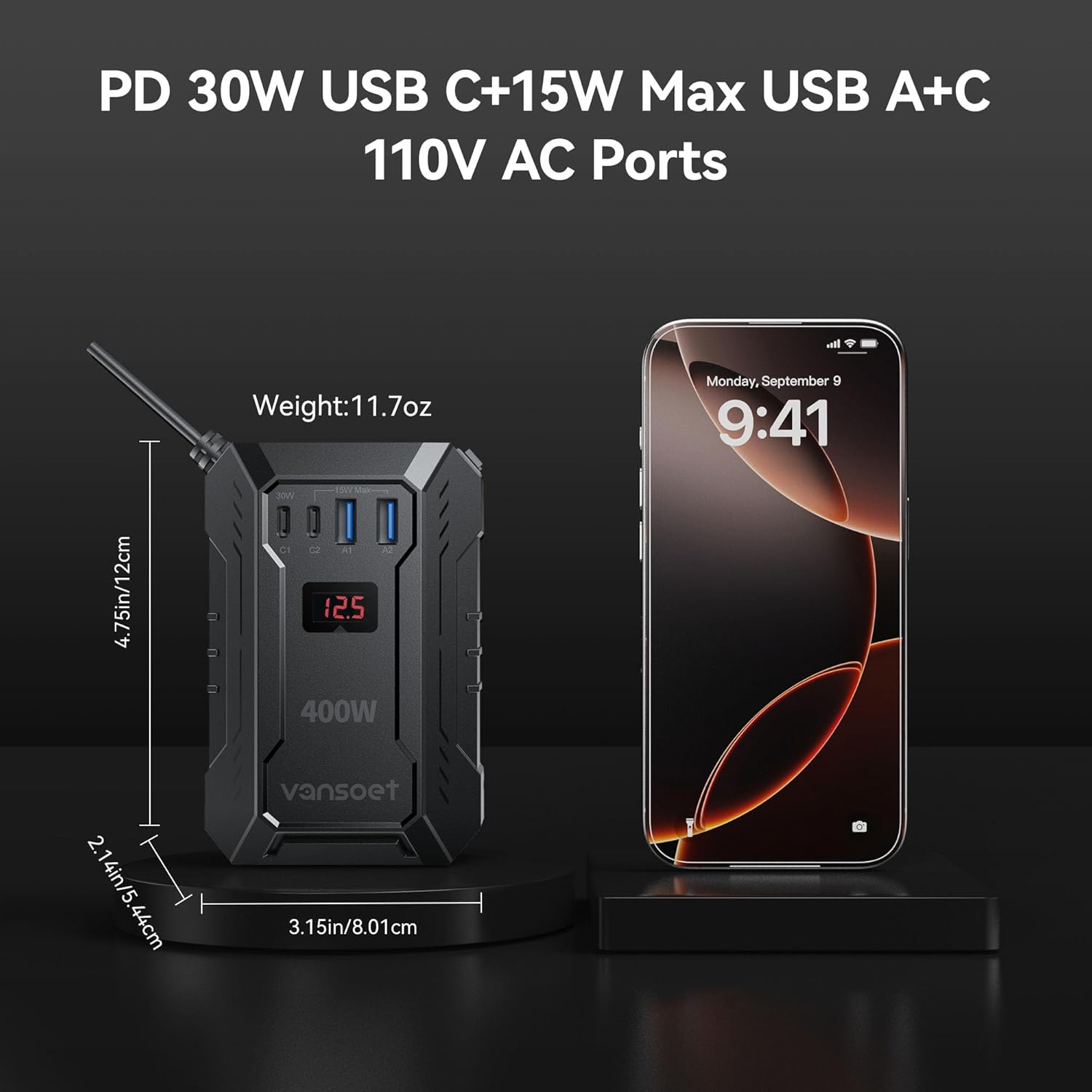 Thumbnail 4 de 400W Car Power Inverter (DC 12V to 110V AC) with 30W/15W USB-C, 2 USB-A & 2 AC Outlets