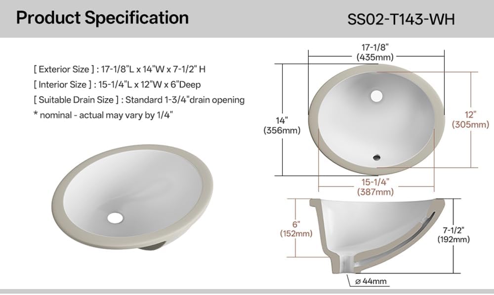 Detalle 2 de SmartSylva SS02-T143-WH Oval Undermount Ceramic Bathroom Sink, White