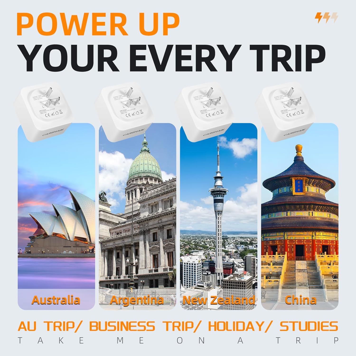 Thumbnail 2 de Adattatore di viaggio Australia Cina Italia 6-in-1 con 2 prese CA, 1 USB-C e 3 USB-A