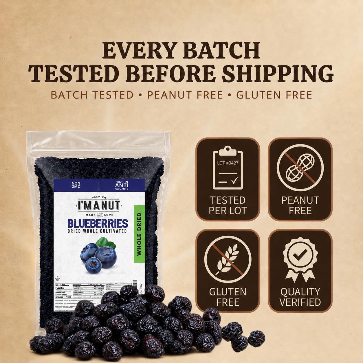 Detalle de I'm A Nut Dried Blueberries, 2 lb (32 oz), Plump & Chewy, Peanut- and Gluten-Free