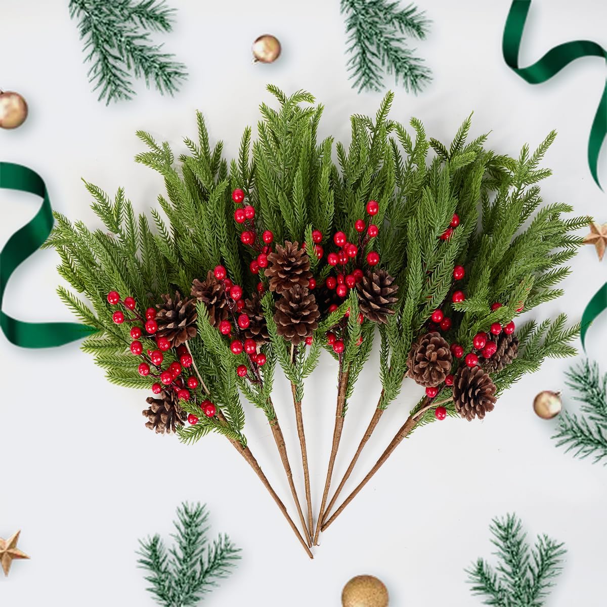 Detalle de HBell 6Pcs Norfolk Pine Stems, 18" Real Touch Artificial Pine Branches with Pine Cones and Red Berries