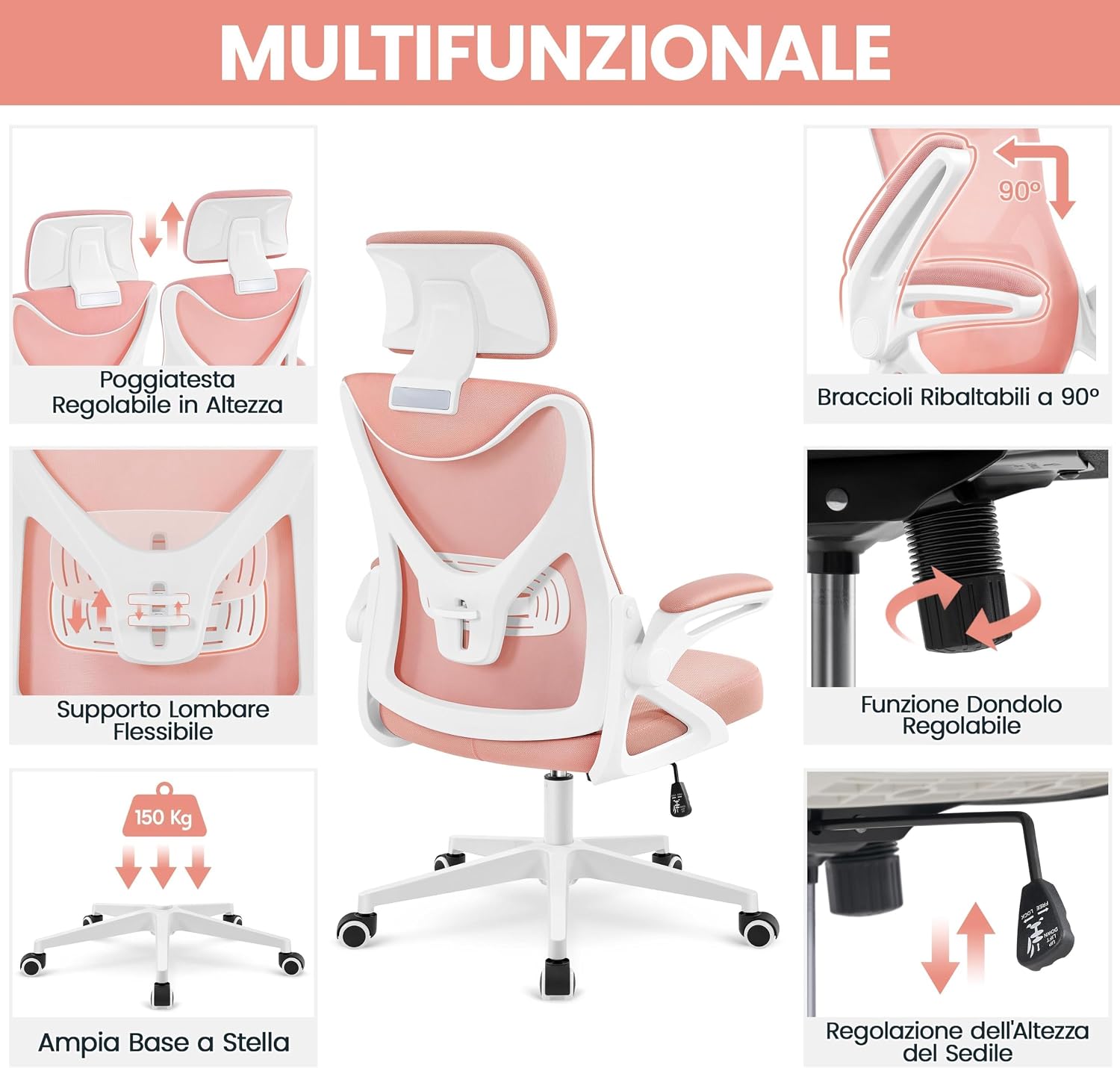 Detalle 2 de Yaheetech Sedia Ufficio Ergonomica con Braccioli Poggiatesta Regolabile e Schienale Alto – Lounge, Scrivania e Dondolo in Rete Traspirante
