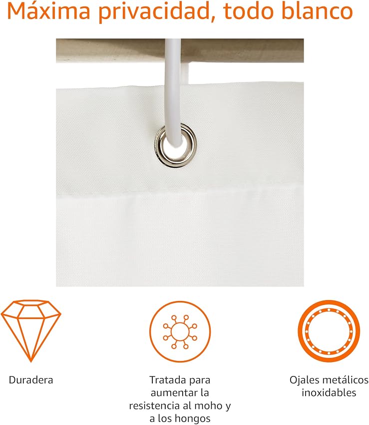 Detalle de Amazon Basics Cortina de Ducha de Tela Resistente al Agua 💧, 180x200 cm