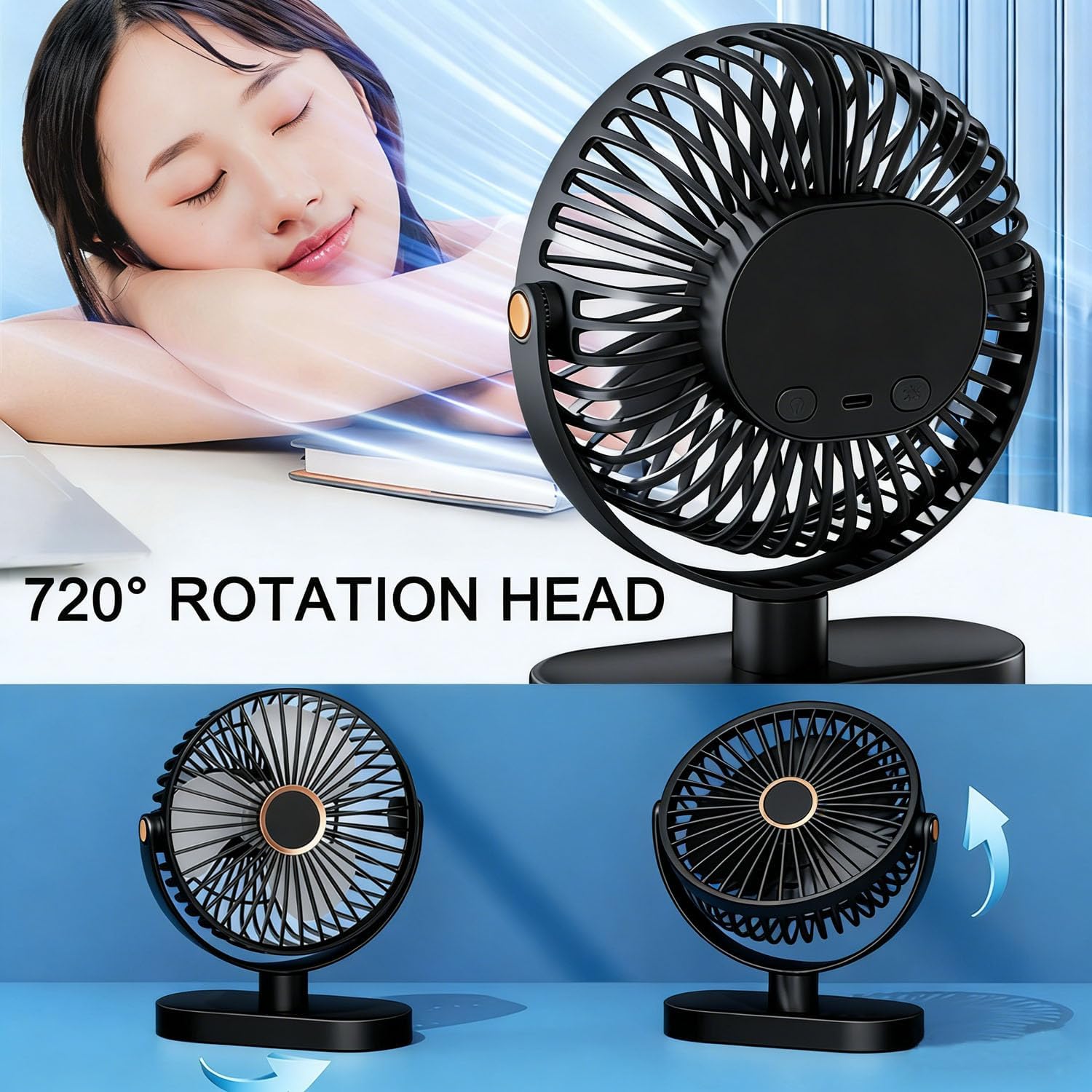 Detalle de USB Desk Fan with Night Light — Small, Quiet, 5 Speeds and 720° Rotation