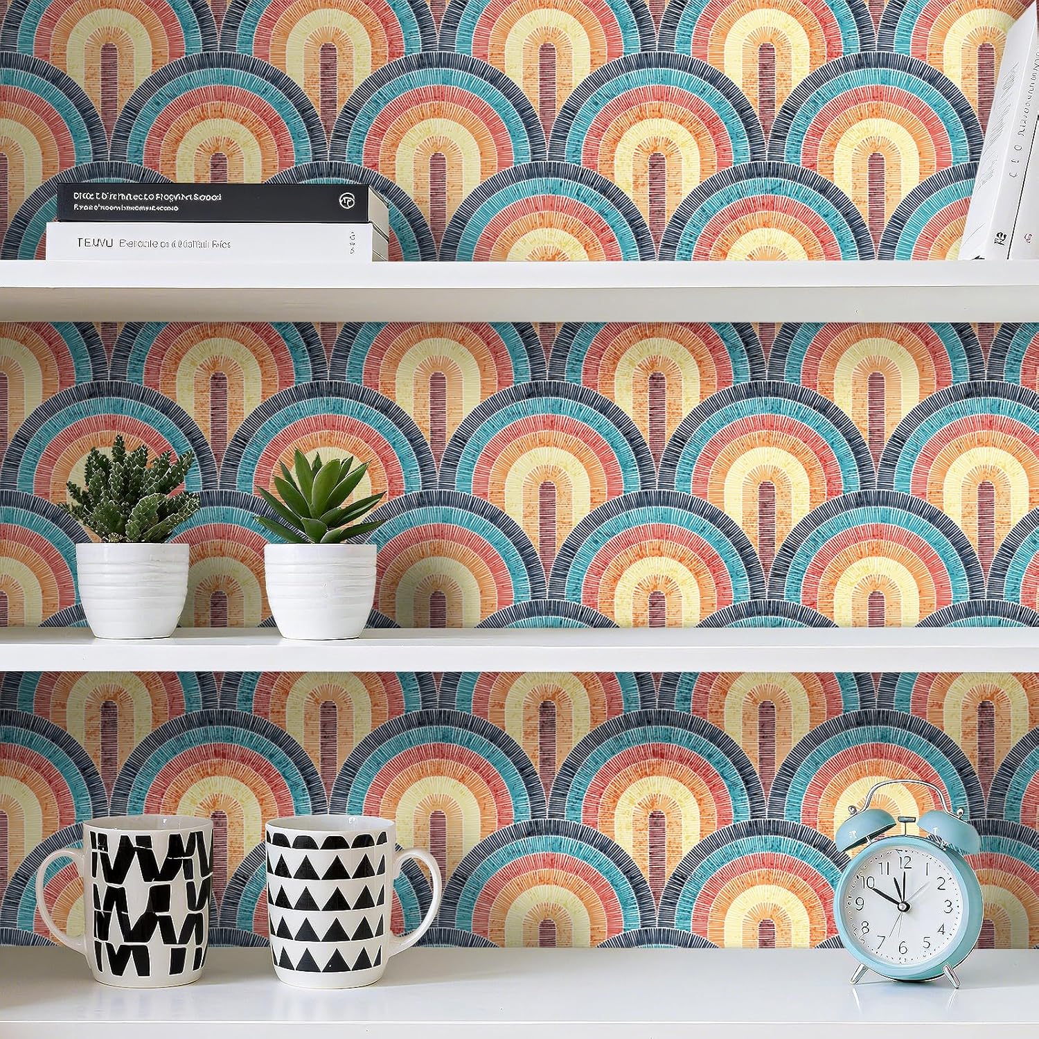 Detalle 2 de Livelynine selbstklebende Tapete Boho mit geometrischem Muster – Rot, Petrol & Gelb (44,5 cm x 7 m)