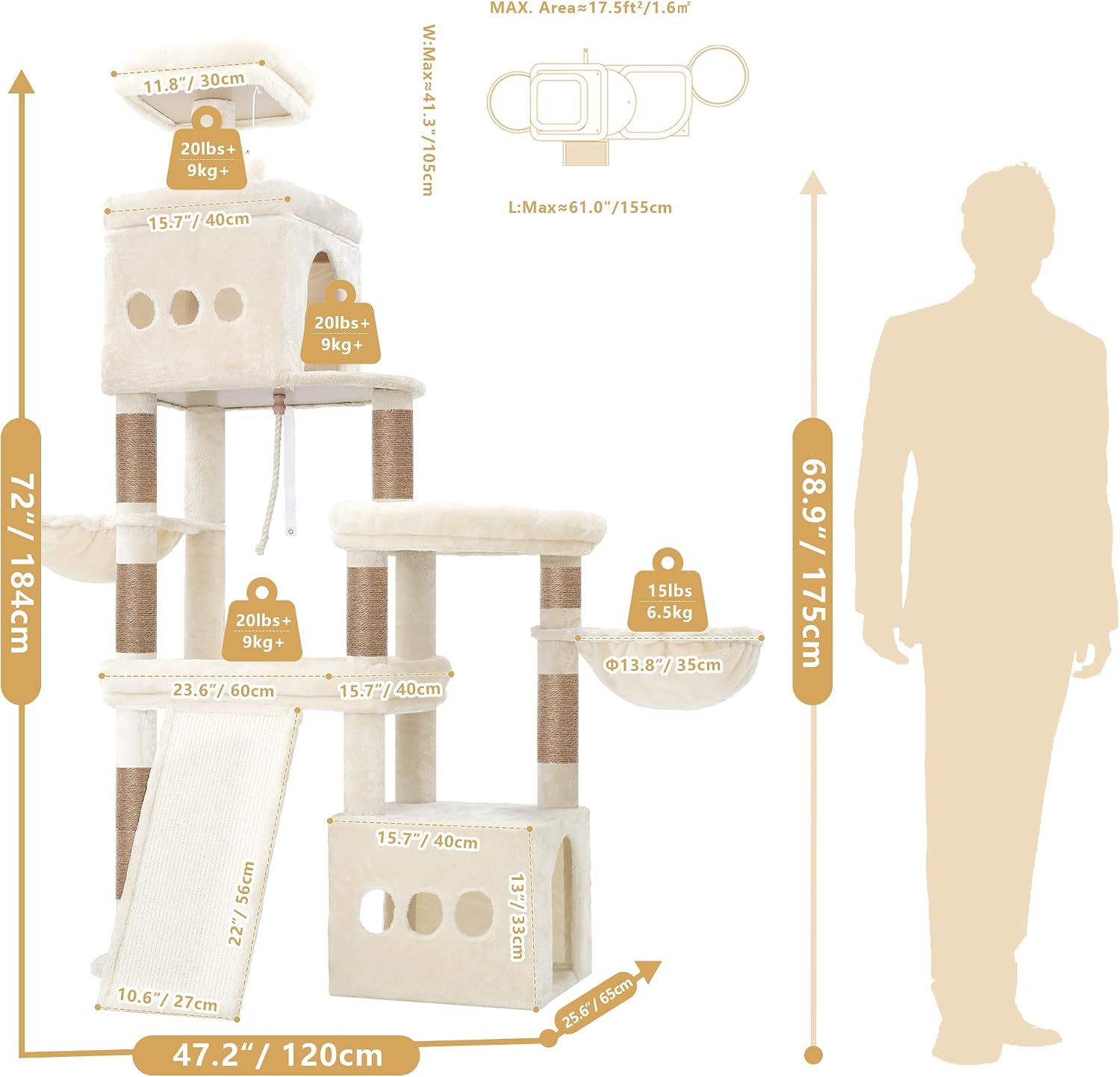 Detalle de Heybly Cat Tree, 184 cm Anti-Tip Cat Tower for Large Cats — All-in-One Beige HCT060M