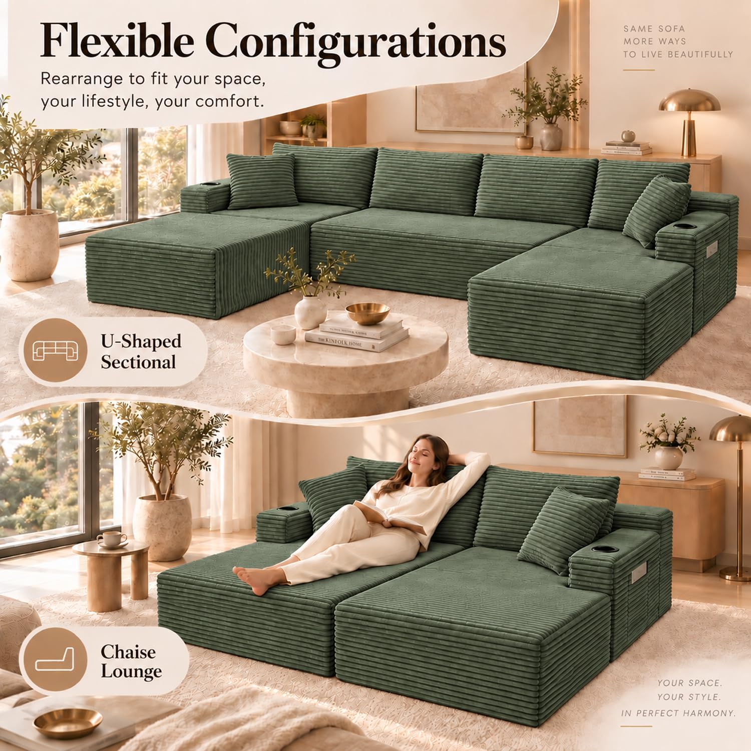 Thumbnail 6 de Yomsum SF2650-Green134 134-Inch U-Shaped Modular Sectional Sofa