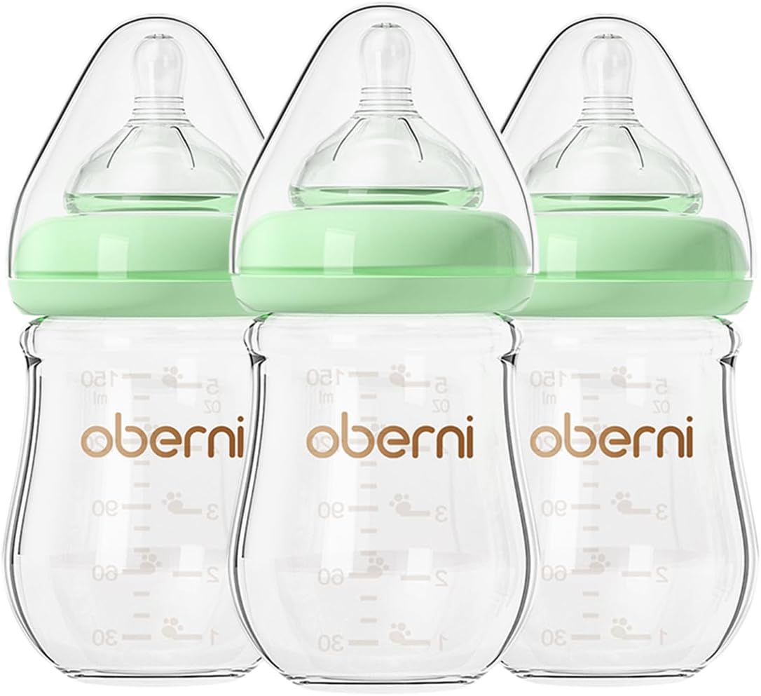 Detalle de Oberni Anti-Colic Glass Baby Bottles (150ml) with Slow Flow Breast-Like Silicone Teat – 3 Pack