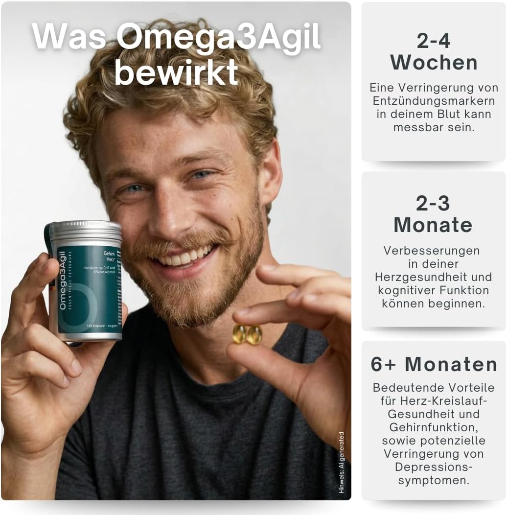 Detalle de AgilNature Omega 3 Vegan I 120 vegane Algenöl Kapseln – 530 mg EPA & DHA pro Tag, made in Germany