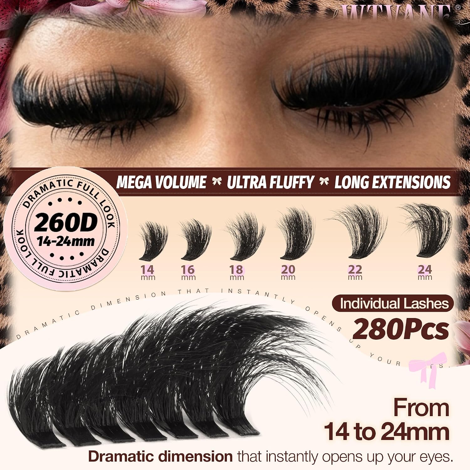 Detalle de WTVANE 260D Lash Clusters, 280 Pieces, 14–24mm D Curl with Soft Bands